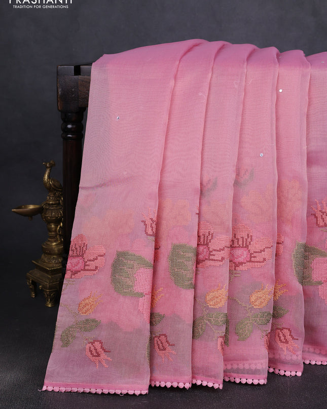 Chander tissue saree light pink with mirror embroidery work and floral embroidery border