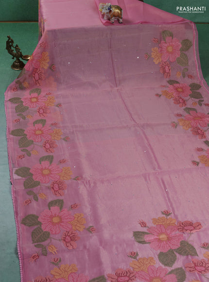 Chander tissue saree light pink with mirror embroidery work and floral embroidery border