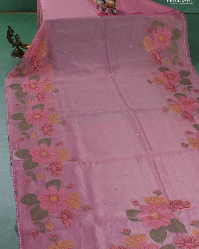Chander tissue saree light pink with mirror embroidery work and floral embroidery border
