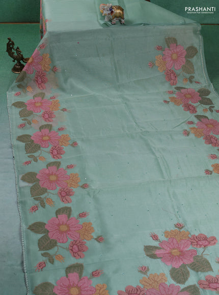 Chander tissue saree pastel green with mirror embroidery work and floral embroidery border