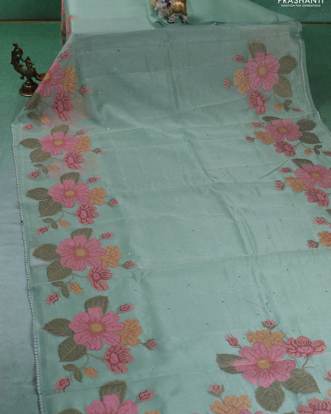 Chander tissue saree pastel green with mirror embroidery work and floral embroidery border