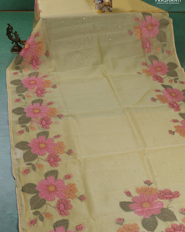 Chander tissue saree yellow with mirror embroidery work and floral embroidery border
