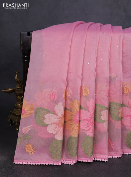 Chander tissue saree mild peach pink with mirror embroidery work and floral embroidery border
