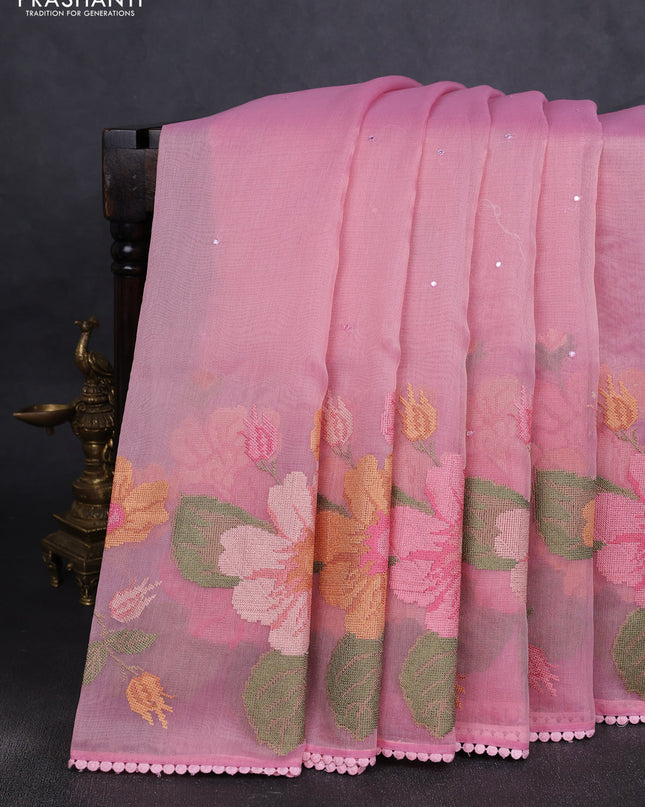 Chander tissue saree mild peach pink with mirror embroidery work and floral embroidery border