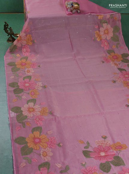 Chander tissue saree mild peach pink with mirror embroidery work and floral embroidery border