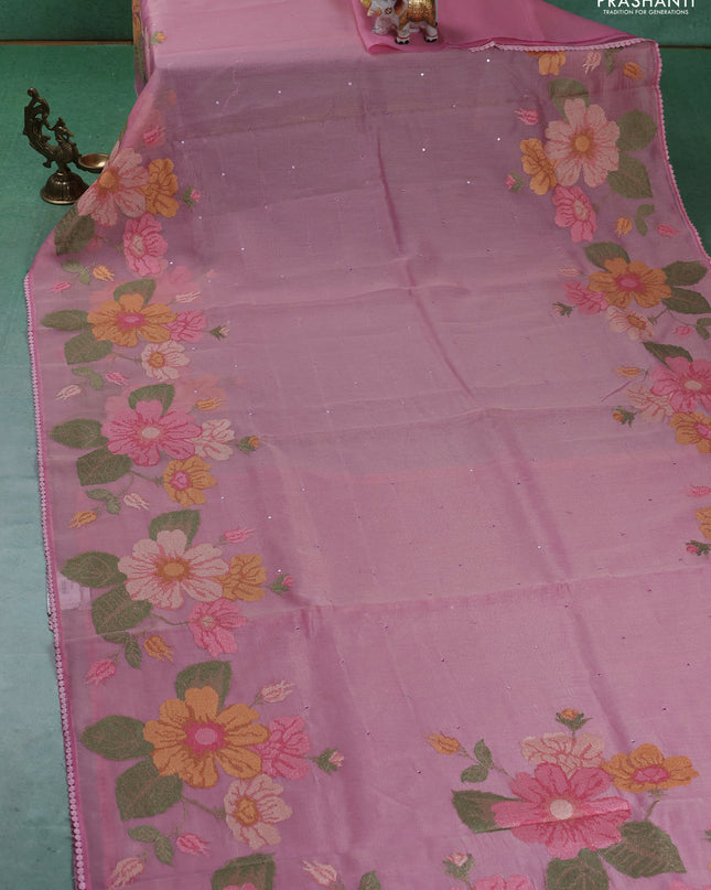 Chander tissue saree mild peach pink with mirror embroidery work and floral embroidery border