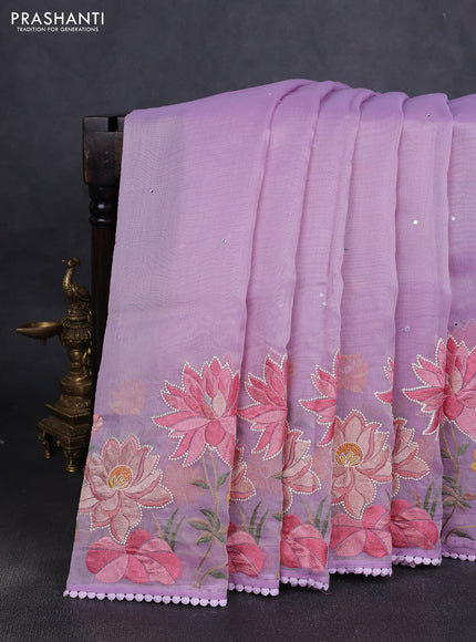 Chander tissue saree lavender with mirror embroidery work and floral embroidery border