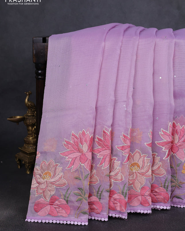 Chander tissue saree lavender with mirror embroidery work and floral embroidery border