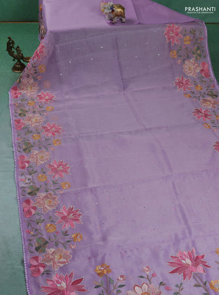 Chander tissue saree lavender with mirror embroidery work and floral embroidery border