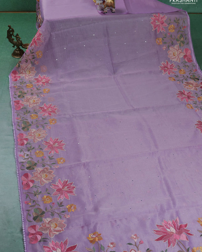 Chander tissue saree lavender with mirror embroidery work and floral embroidery border