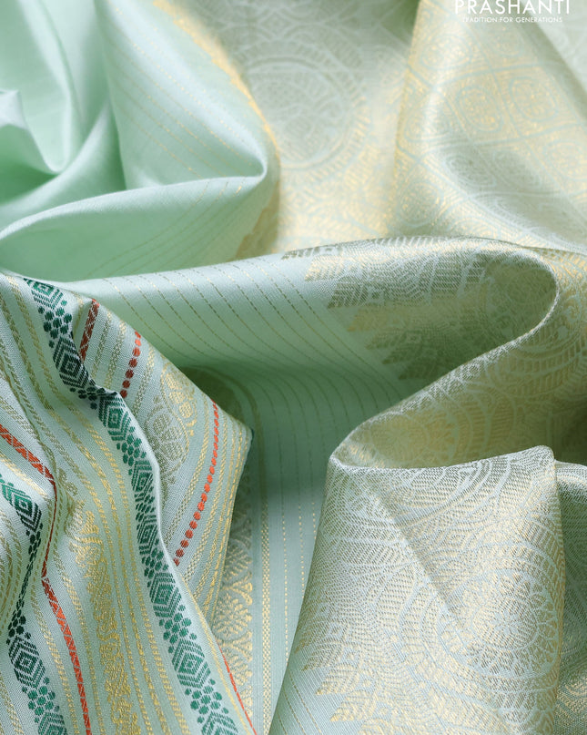 Pure kanchipuram silk saree pastel green with half & half style and long thread & zari woven border