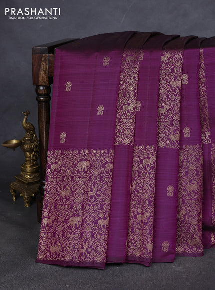 Pure kanchipuram silk saree purple with zari brocade weaves & buttas in borderless style