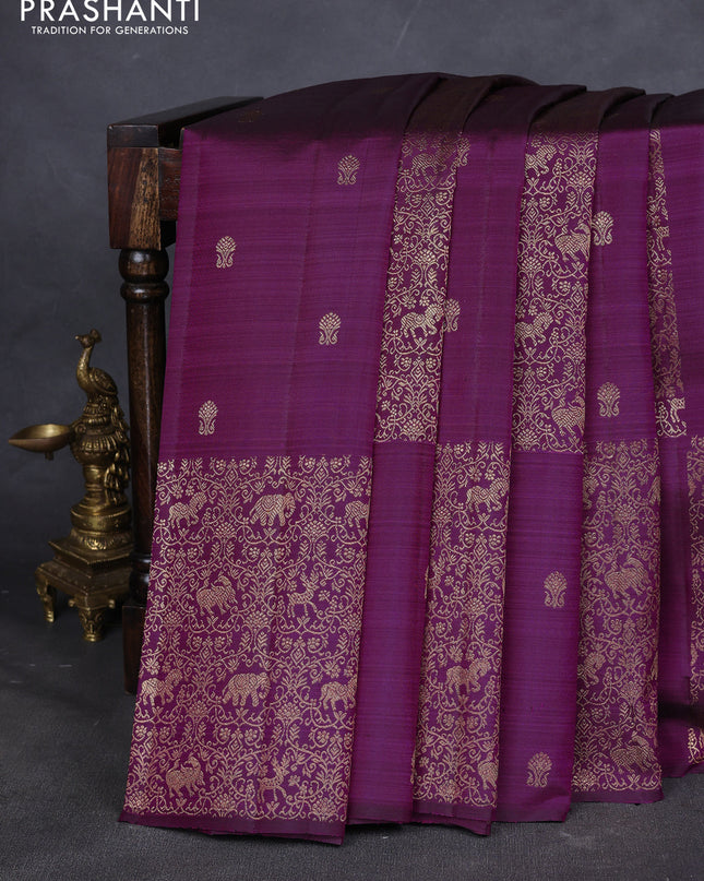 Pure kanchipuram silk saree purple with zari brocade weaves & buttas in borderless style