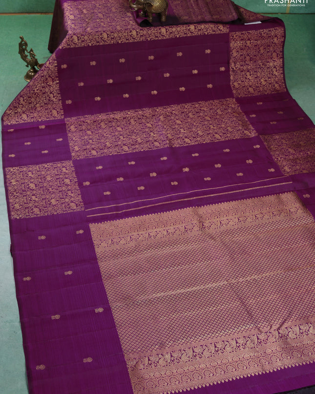 Pure kanchipuram silk saree purple with zari brocade weaves & buttas in borderless style