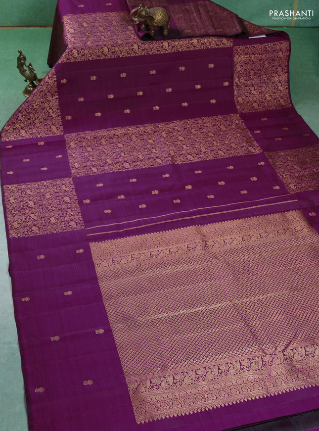 Pure kanchipuram silk saree purple with zari brocade weaves & buttas in borderless style