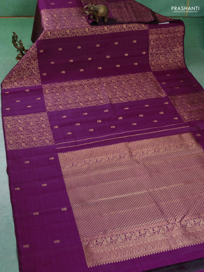 Pure kanchipuram silk saree purple with zari brocade weaves & buttas in borderless style