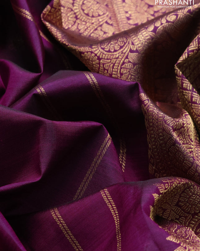 Pure kanchipuram silk saree purple with zari brocade weaves & buttas in borderless style