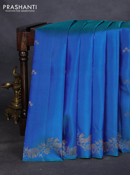 Pure kanchipuram silk saree dual tone bluish green with zari woven buttas and rich zari woven border