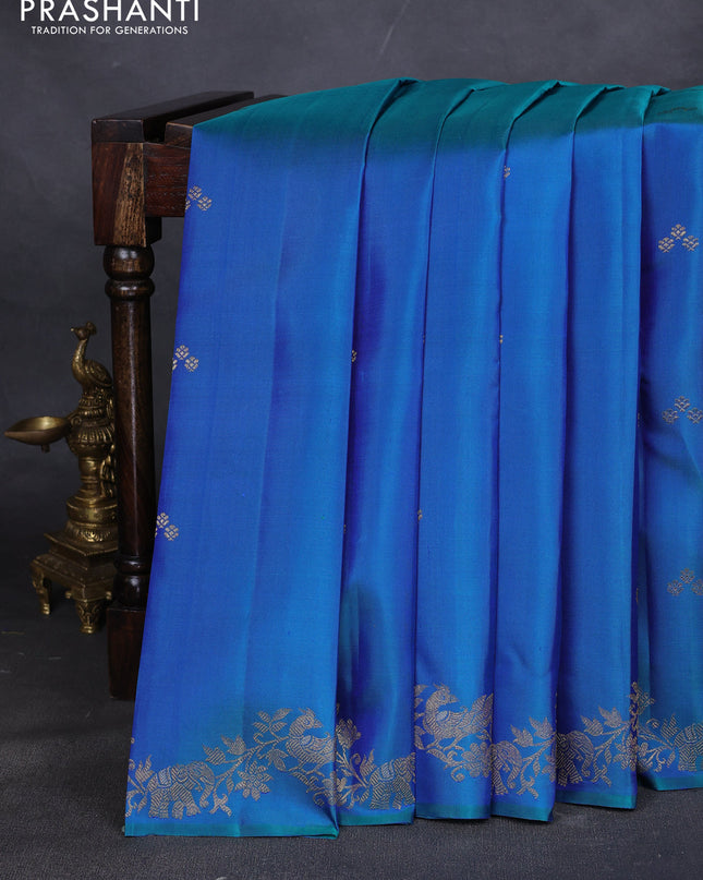 Pure kanchipuram silk saree dual tone bluish green with zari woven buttas and rich zari woven border