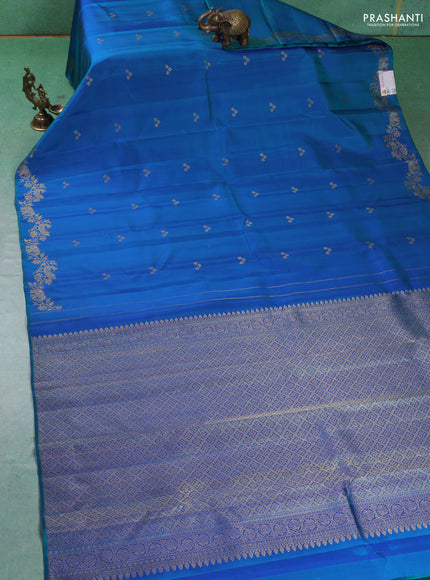 Pure kanchipuram silk saree dual tone bluish green with zari woven buttas and rich zari woven border