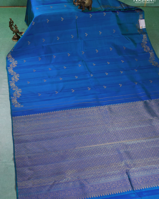 Pure kanchipuram silk saree dual tone bluish green with zari woven buttas and rich zari woven border