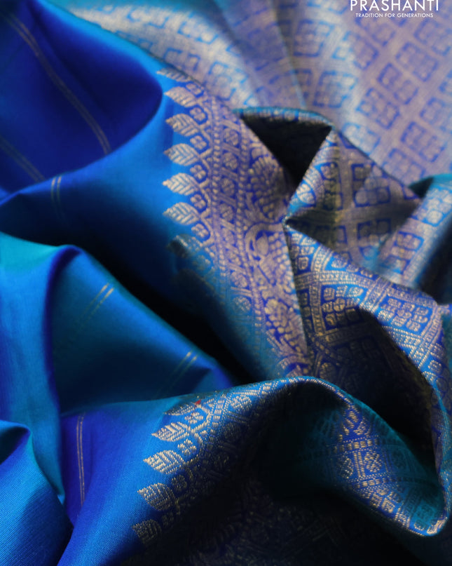 Pure kanchipuram silk saree dual tone bluish green with zari woven buttas and rich zari woven border