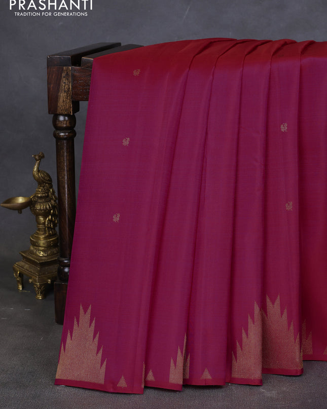 Pure kanchipuram silk saree pink with zari woven buttas and temple design zari woven border