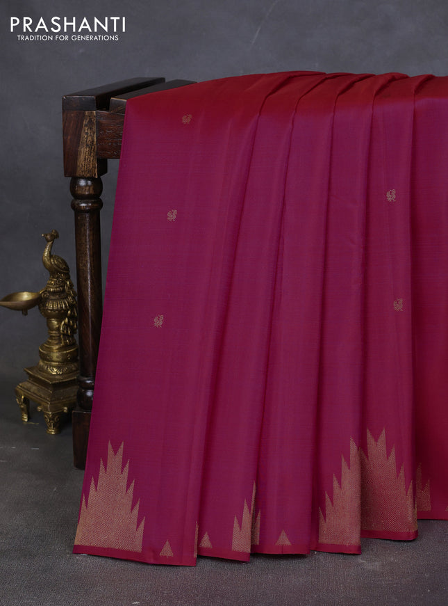 Pure kanchipuram silk saree pink with zari woven buttas and temple design zari woven border