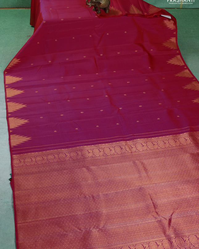 Pure kanchipuram silk saree pink with zari woven buttas and temple design zari woven border