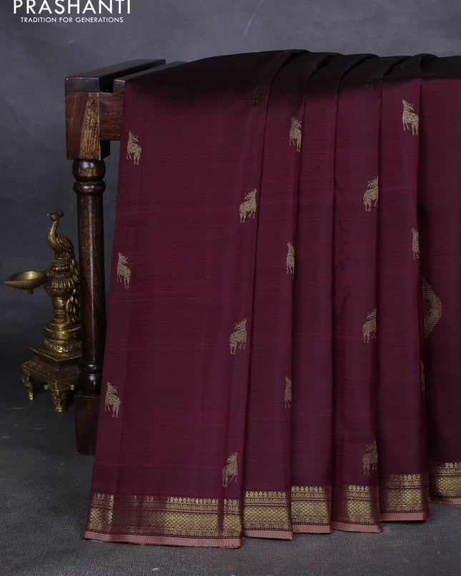 Pure kanchipuram silk saree maroon and pastel peach with zari woven buttas and rich zari woven border