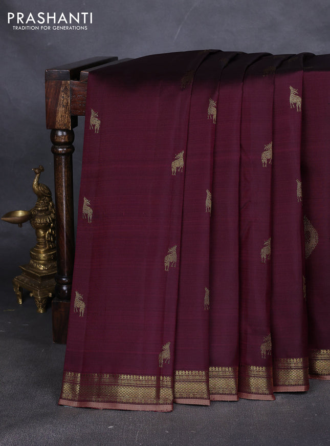 Pure kanchipuram silk saree maroon and pastel peach with zari woven buttas and rich zari woven border