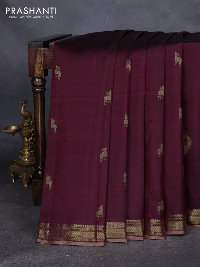 Pure kanchipuram silk saree maroon and pastel peach with zari woven buttas and rich zari woven border