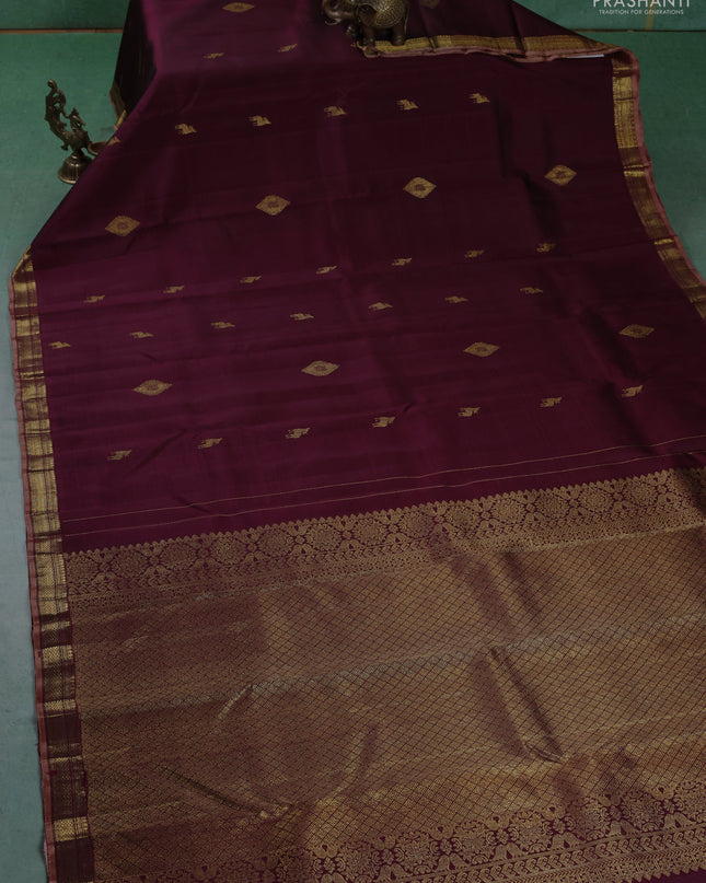 Pure kanchipuram silk saree maroon and pastel peach with zari woven buttas and rich zari woven border
