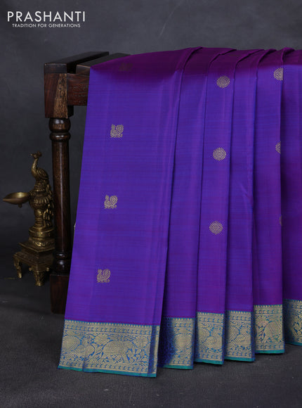 Pure kanchipuram silk saree dual tone purple and dual tone green with annam & rudhraksha zari woven buttas and rich zari woven border