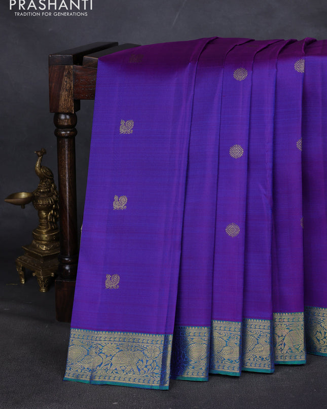 Pure kanchipuram silk saree dual tone purple and dual tone green with annam & rudhraksha zari woven buttas and rich zari woven border