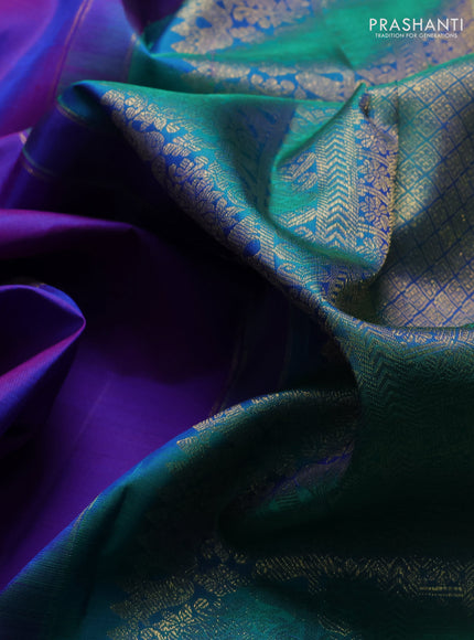 Pure kanchipuram silk saree dual tone purple and dual tone green with annam & rudhraksha zari woven buttas and rich zari woven border