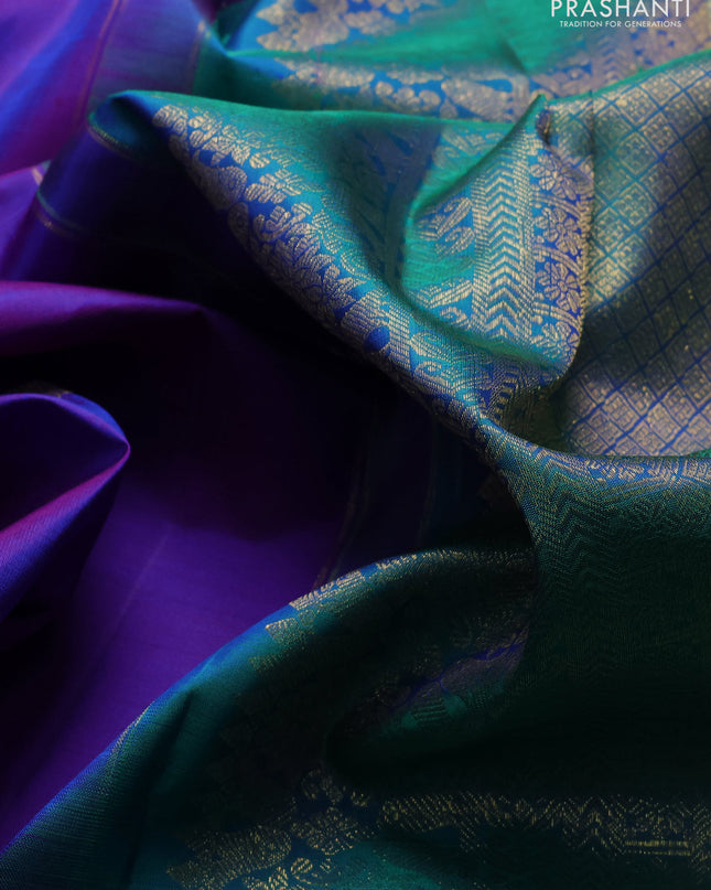 Pure kanchipuram silk saree dual tone purple and dual tone green with annam & rudhraksha zari woven buttas and rich zari woven border