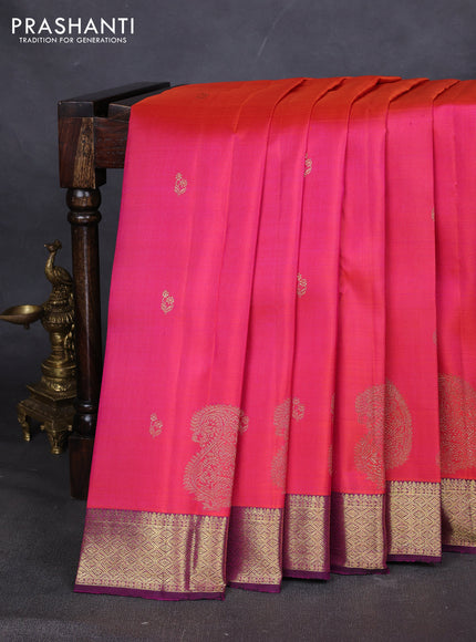 Pure kanchipuram silk saree dual tone pinkish orange and purple with zari woven buttas and rich zari woven border