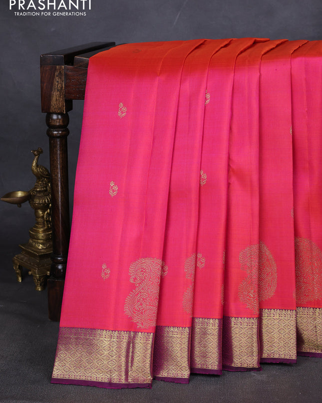 Pure kanchipuram silk saree dual tone pinkish orange and purple with zari woven buttas and rich zari woven border
