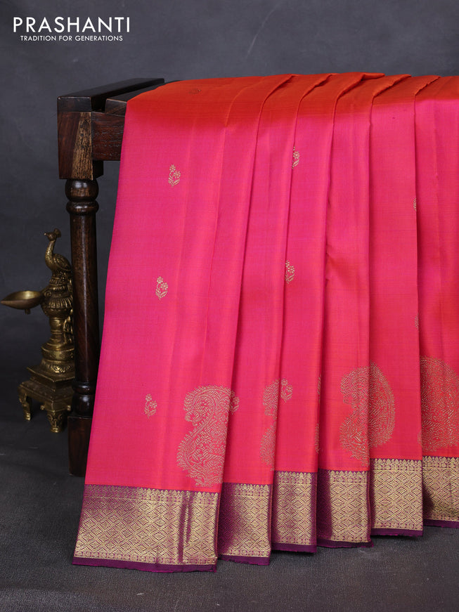 Pure kanchipuram silk saree dual tone pinkish orange and purple with zari woven buttas and rich zari woven border