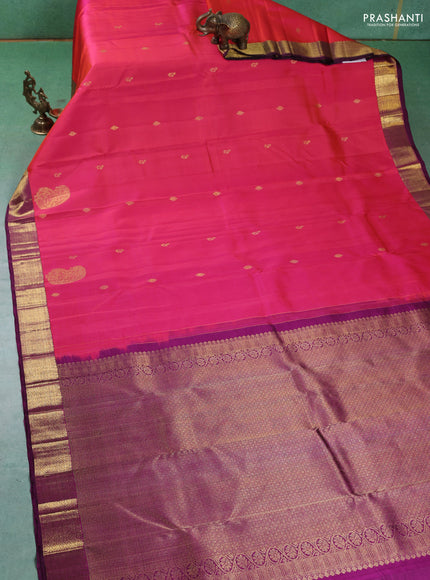 Pure kanchipuram silk saree dual tone pinkish orange and purple with zari woven buttas and rich zari woven border