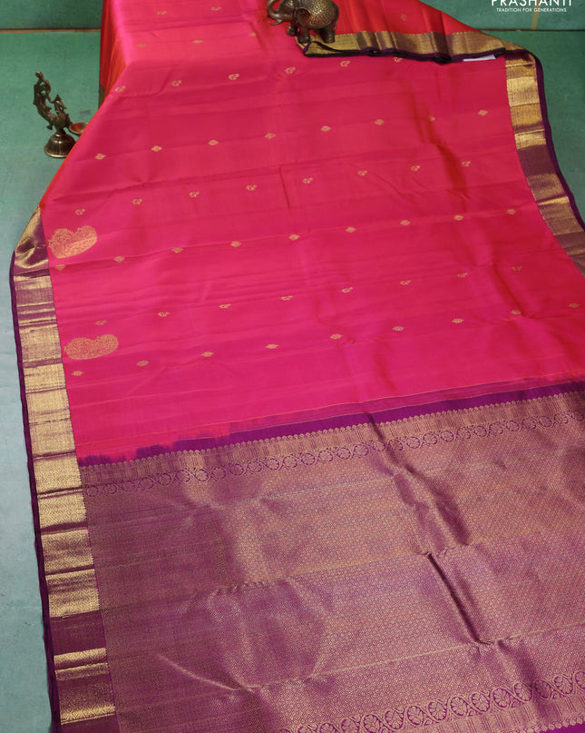 Pure kanchipuram silk saree dual tone pinkish orange and purple with zari woven buttas and rich zari woven border