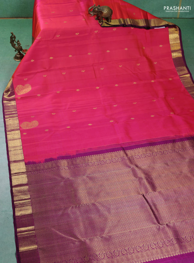 Pure kanchipuram silk saree dual tone pinkish orange and purple with zari woven buttas and rich zari woven border