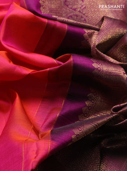 Pure kanchipuram silk saree dual tone pinkish orange and purple with zari woven buttas and rich zari woven border