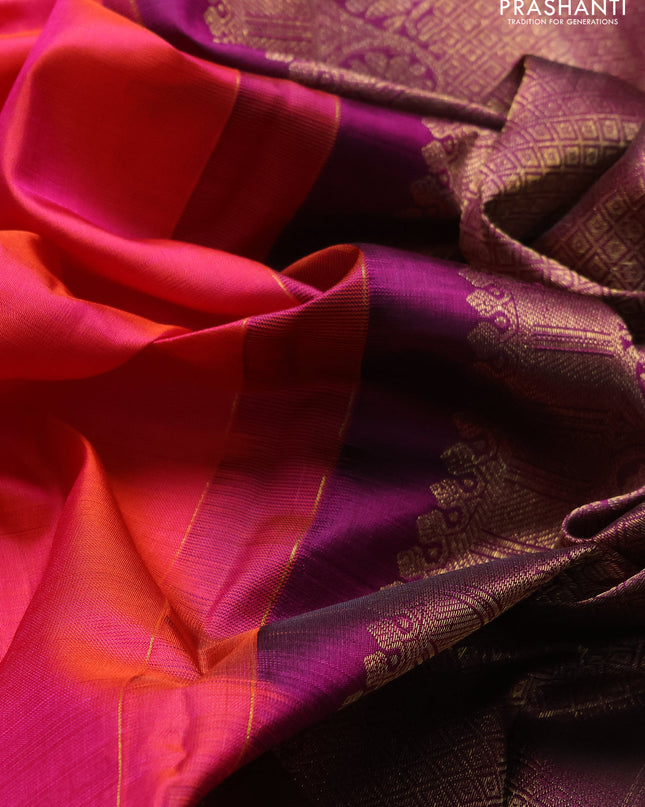 Pure kanchipuram silk saree dual tone pinkish orange and purple with zari woven buttas and rich zari woven border