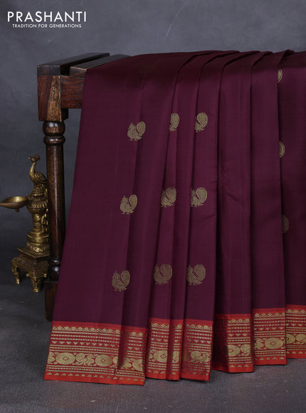 Pure kanchipuram silk saree wine shade and orange with annam & rudhraksha zari woven buttas and rich zari woven border