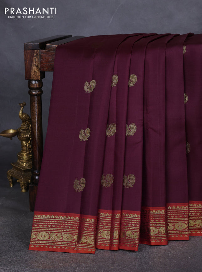 Pure kanchipuram silk saree wine shade and orange with annam & rudhraksha zari woven buttas and rich zari woven border