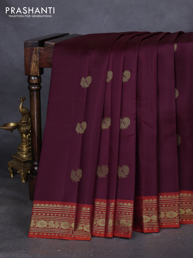 Pure kanchipuram silk saree wine shade and orange with annam & rudhraksha zari woven buttas and rich zari woven border