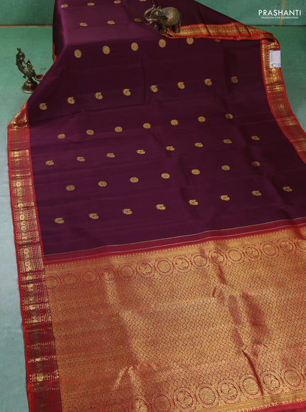 Pure kanchipuram silk saree wine shade and orange with annam & rudhraksha zari woven buttas and rich zari woven border