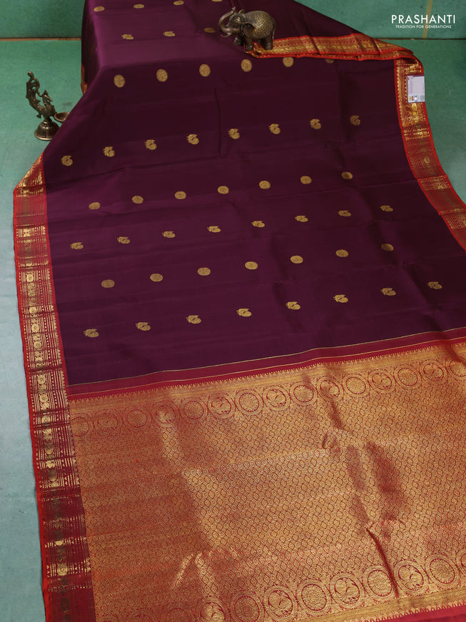 Pure kanchipuram silk saree wine shade and orange with annam & rudhraksha zari woven buttas and rich zari woven border